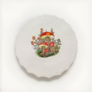 Vintage Ceramic Pedestal Cake Stand with Mushroom Botanical Design